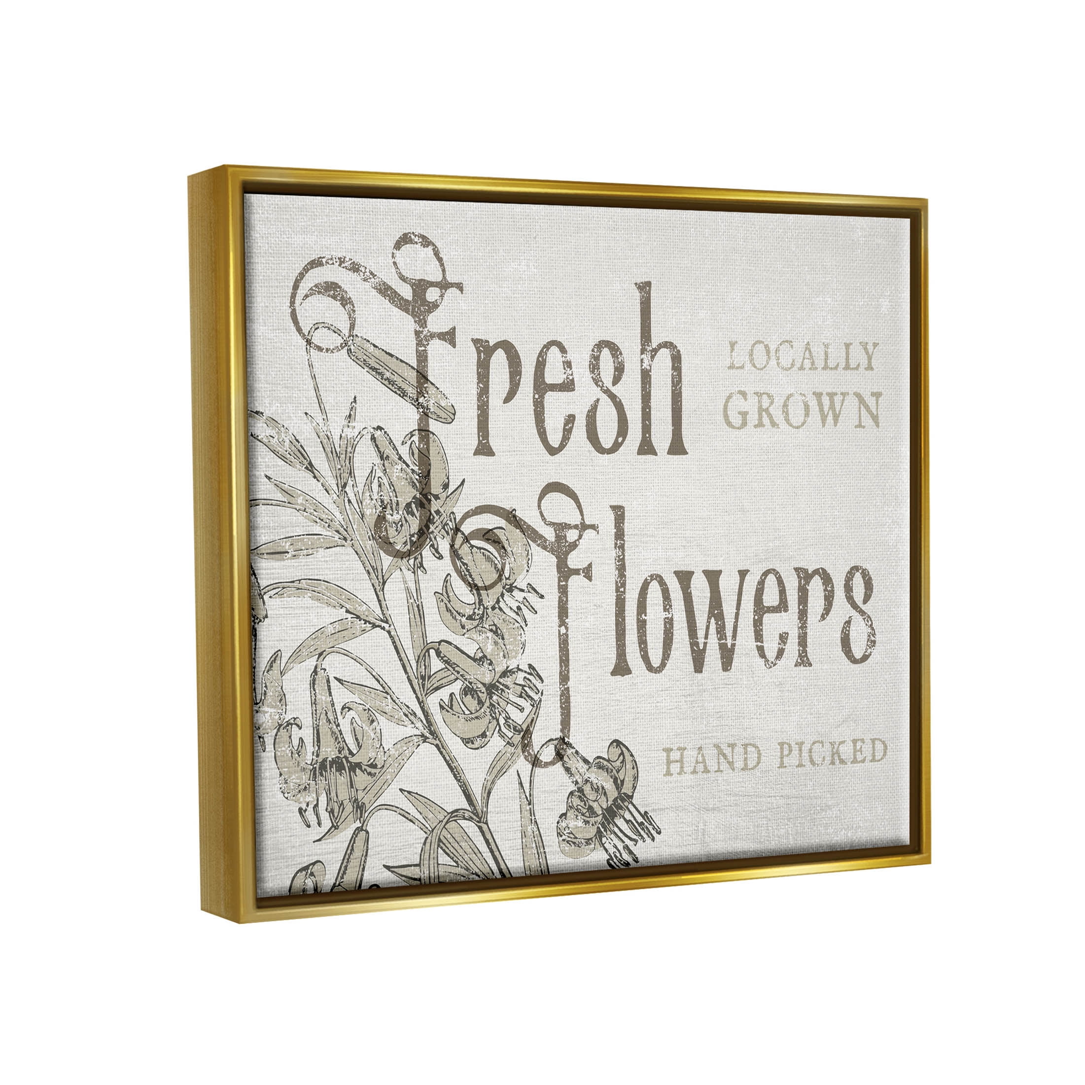 Stupell Industries Antique Fresh Flowers Botanical Signage Graphic Art Metallic Gold Floating Framed Canvas Print Wall Art, Design by Daphne Polselli