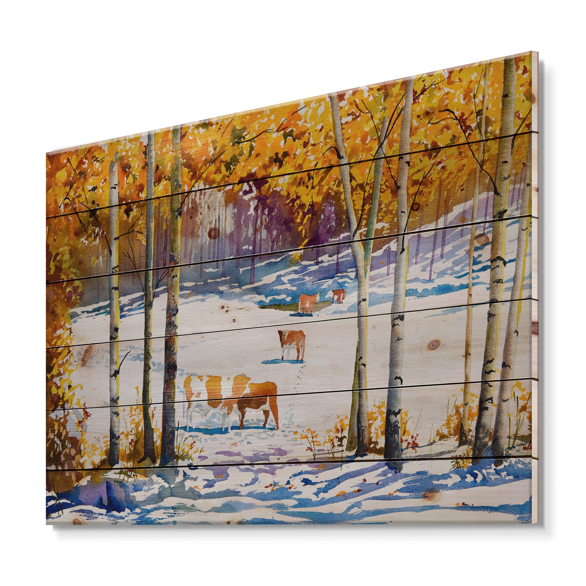 Designart 'Cattles In The Early Snow In The Tree Forest' Farmhouse Print on Natural Pine Wood