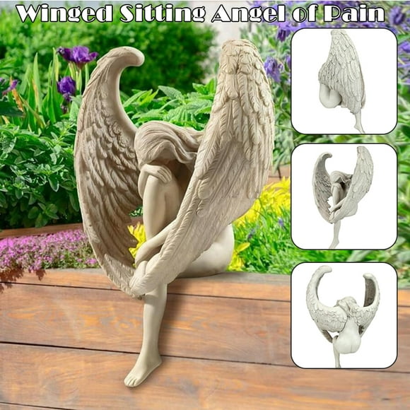 CAROOTU The Anguished Angel Long-Winged Sitting Statue Resin Sorrowful Angel Figure Memorial Gift Cemetery Statues Crying Angel