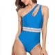thumbnail image 1 of Mujeres una pieza traje de baño un hombro inclinado hombro cintura correas costura una pieza traje de baño bikini azul M, 1 of 6