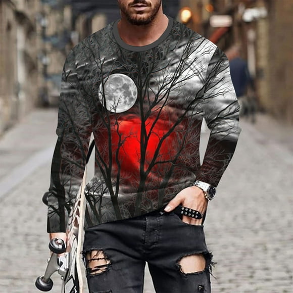 Meichang Long Sleeve T Shirt Men Soft,Graphic Tees for Men Casual 3D Print T-Shirts Novelty Crew Neck Comfy Long Sleeve Shirts for Men