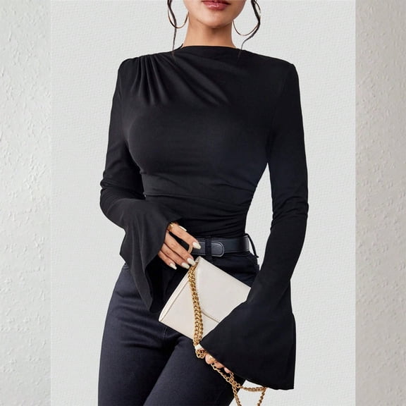 HLKJKLS Long Sleeve Shirts For Women Boat Neck Bell Sleeve Ribbed Ruched Long Sleeve Top Polyester Spandex Black S-Xl