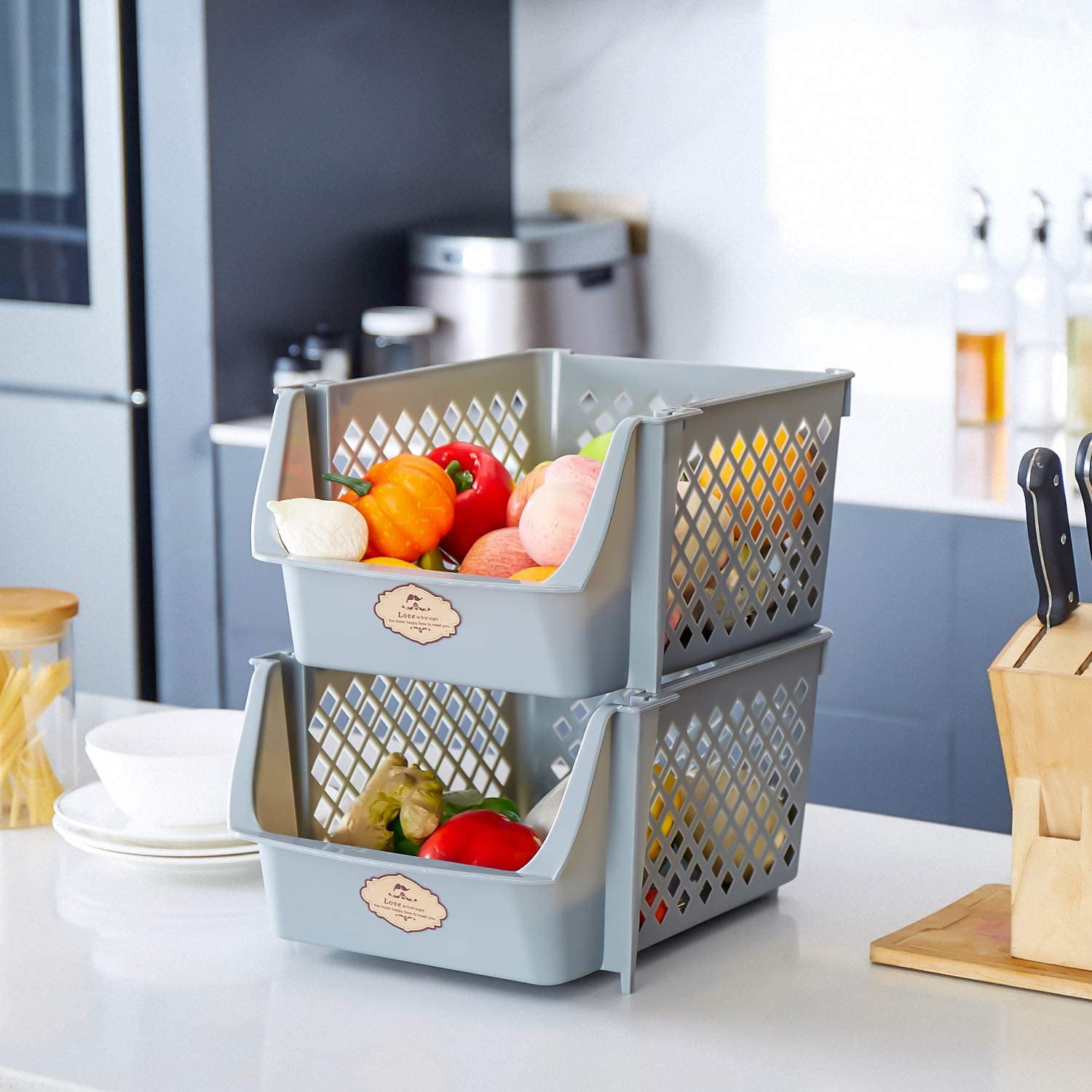 HOUSE DAY Storage Bins Set of 4, Plastic Storage Containers for Organization and Storage, Gray