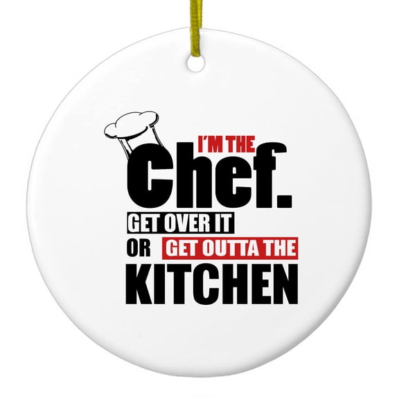 DistinctInk Hanging Ceramic Christmass Tree Ornament with Gold String - Great Gift / Present - 2 3/4 inch diameter - I'm the Chef Get Over it