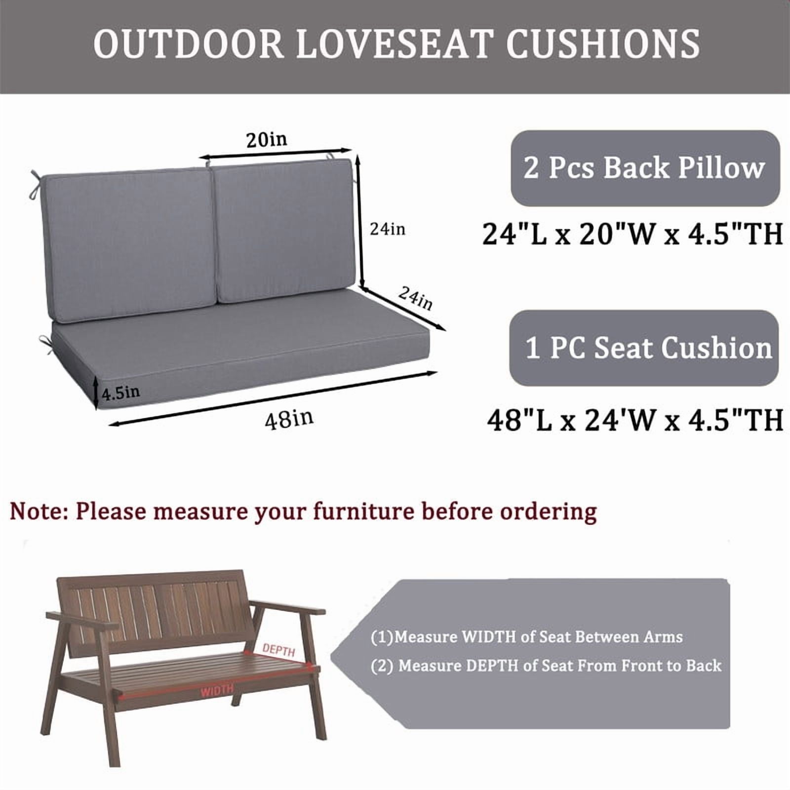 Outdoor Loveseat Cushion Set, Waterproof & Fade-Resistant Replacement Patio Cushions, 48 x 24 inch Outdoor Sofa Cushions for patio furniture, Deep Seat Cushions with Ties（Grey）