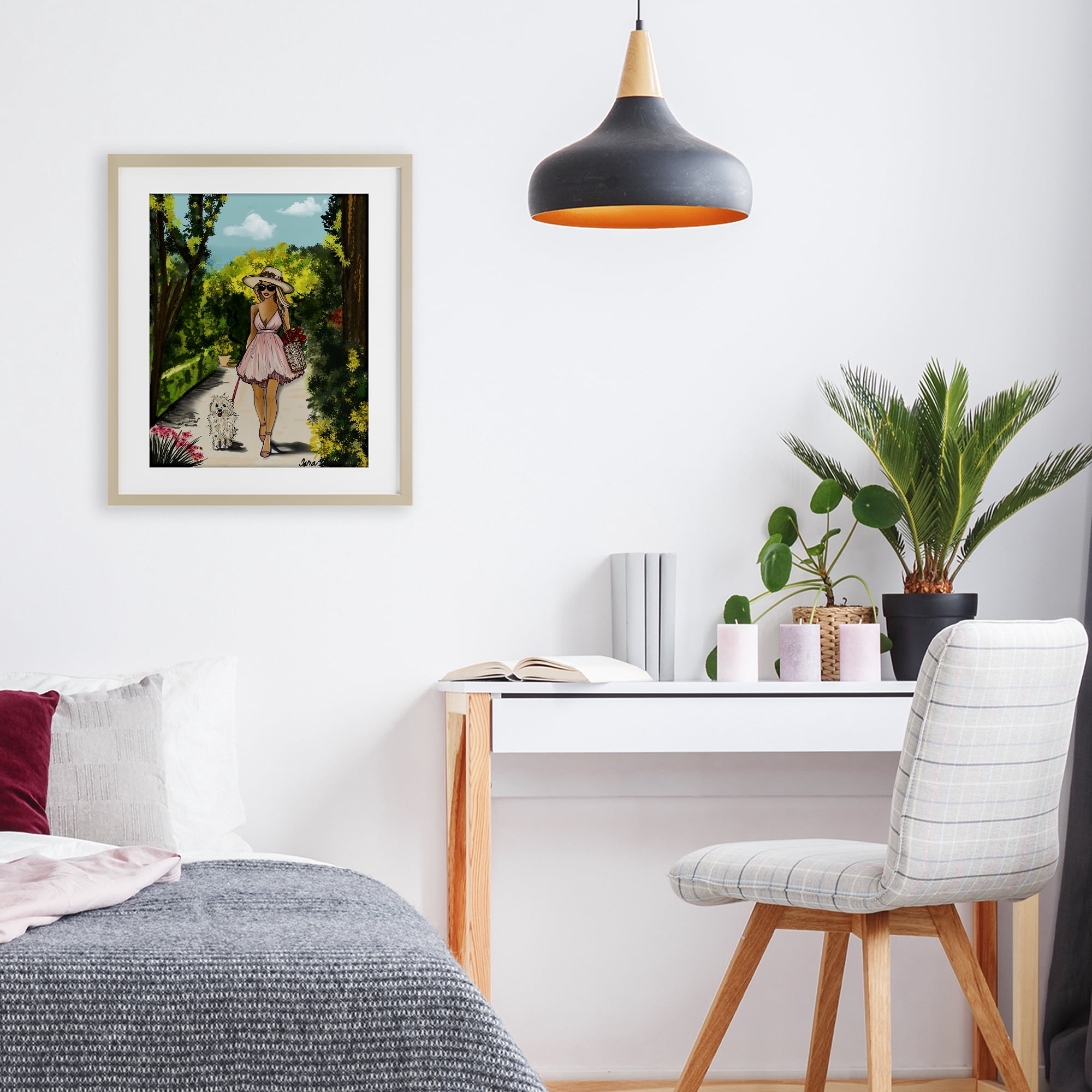 Stupell Industries Garden Girl Strolling with Pup Birch Framed Print Under Glass, design by Tara Boone