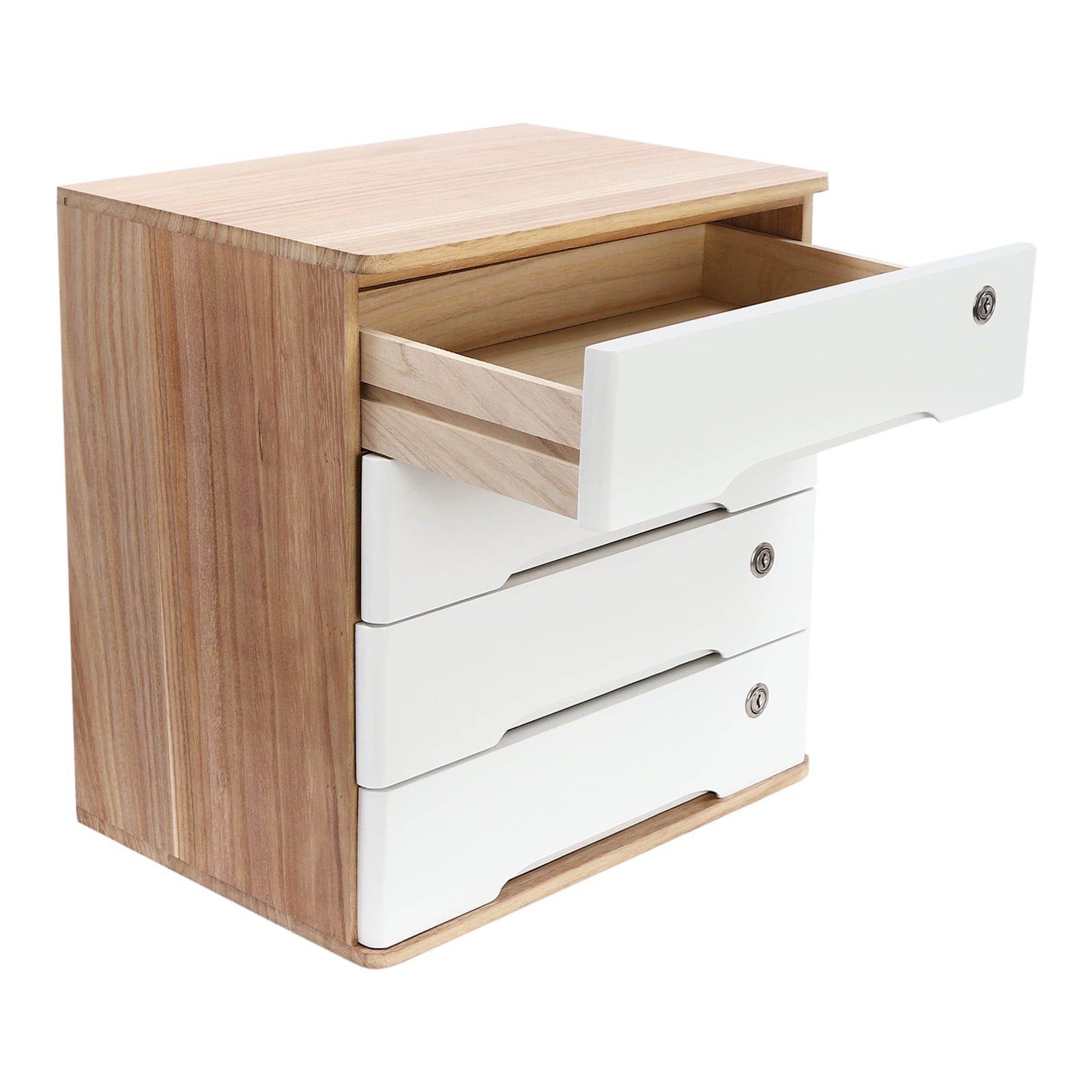 4 Tier Wooden Desktop Storage Box with Lockable Drawers, Office Supplies File Organizer, Art Storage Cabinets, Multipurpose Tool Box for Home Office(Wood Color + White)