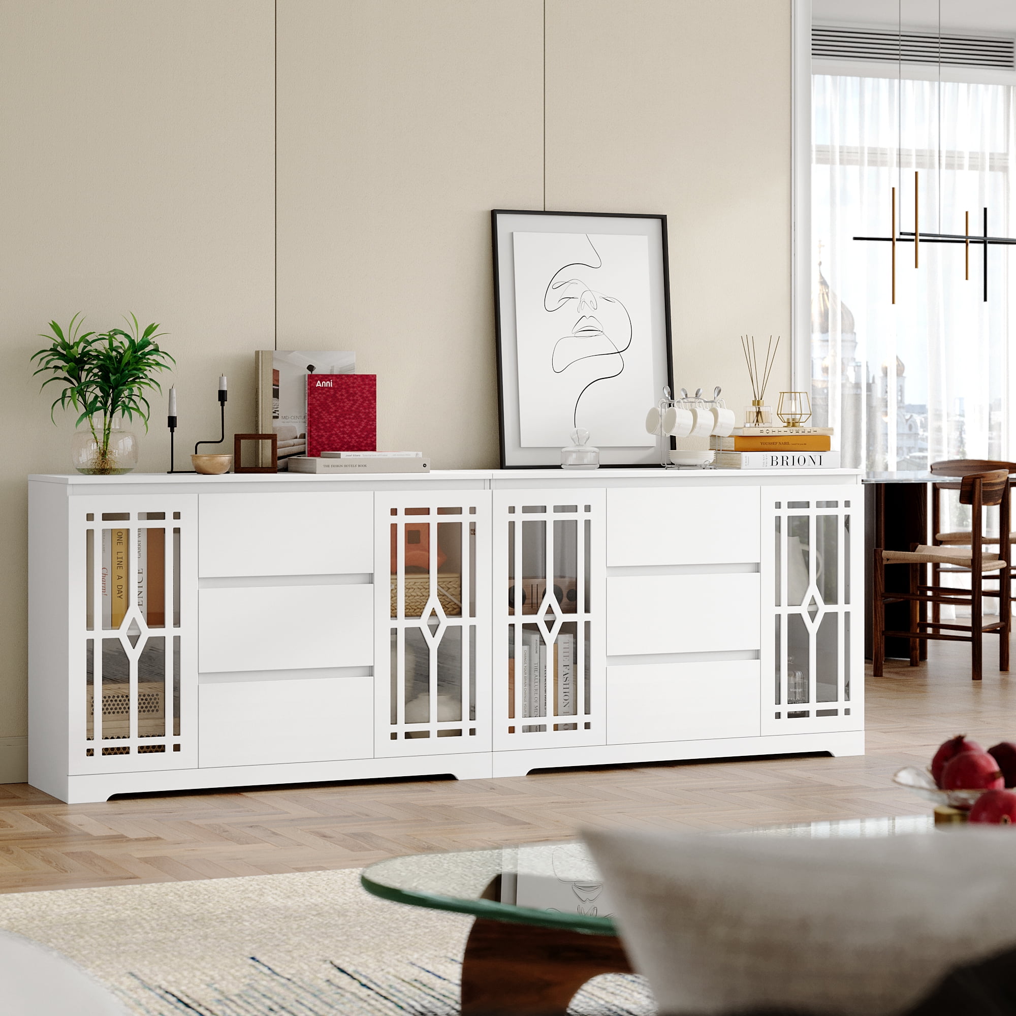 Homfa White Accent Cabinets, 3 Drawer Storage Cabinet, Modern Wooden  Cupboard with 3D Frosted Glass for Living Room