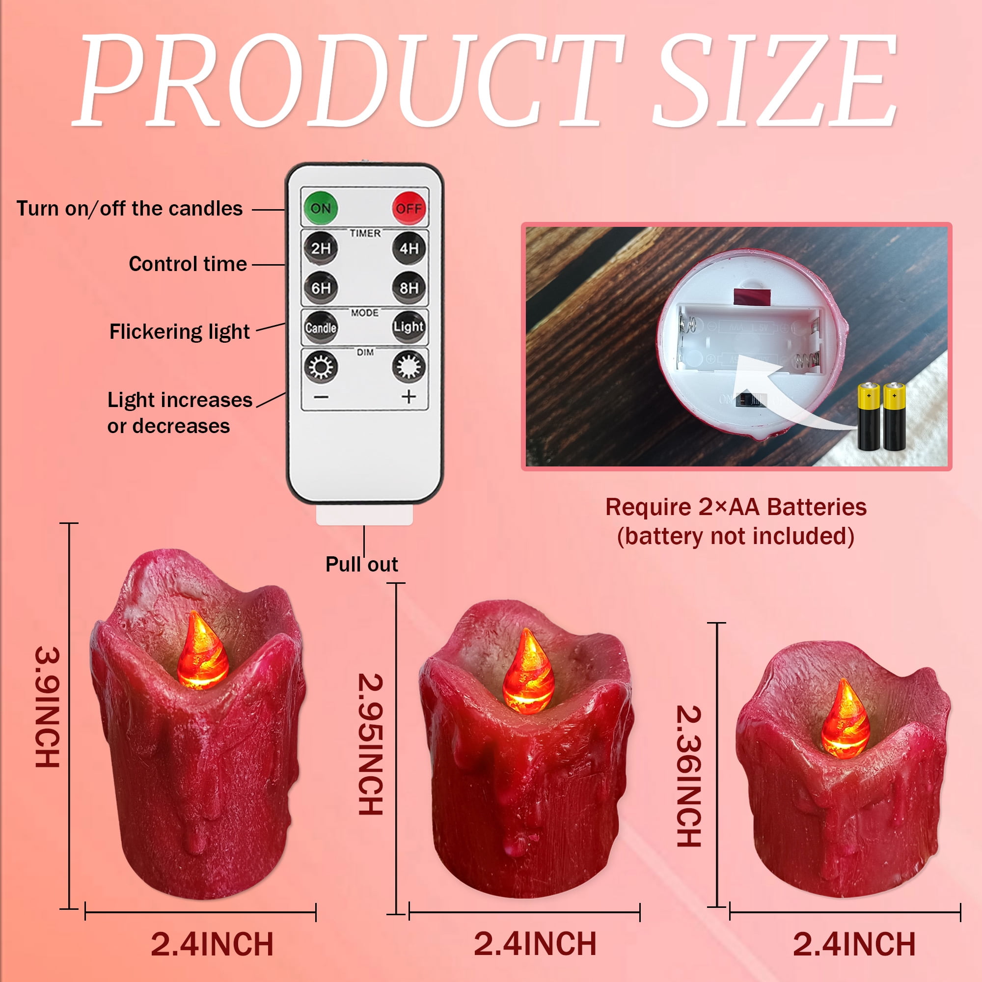 FCMSHAMD Flickering Flameless Candles with Remote Timer, 2.3" 3" 4" Realistic 3D Flame with Real Wax Pillar LED Candles,Battery Operated Candles for Wedding Home Decoration, Christmas,3 Pack