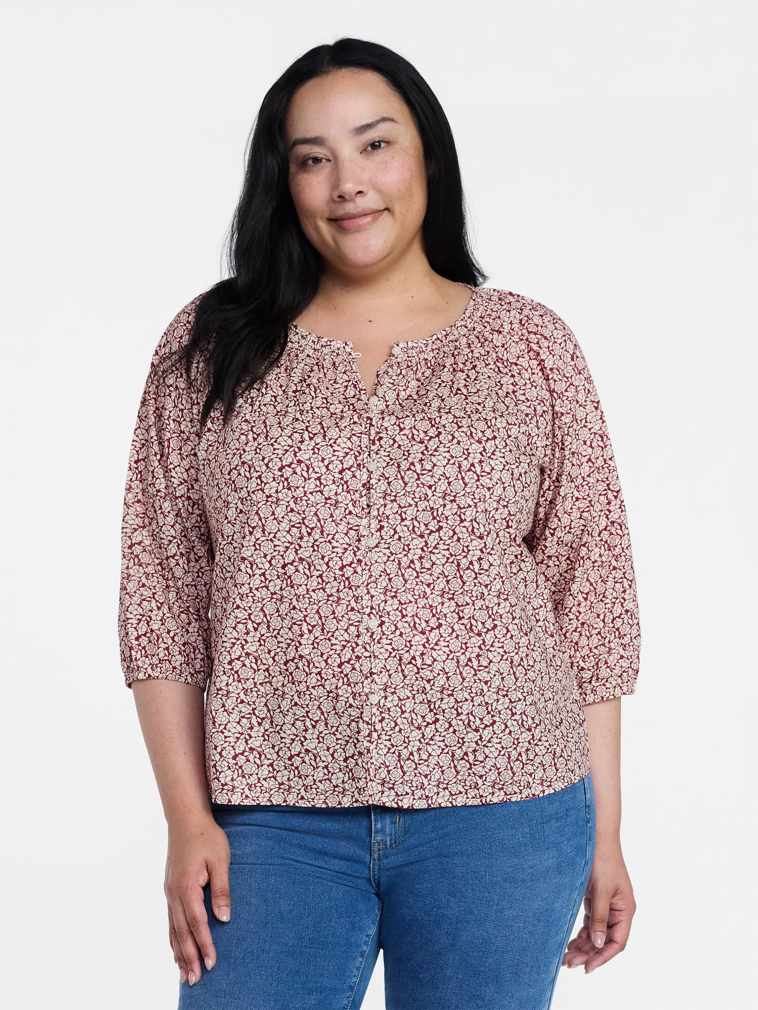 Time and Tru Women's Cotton Button Front Blouse with ¾ Length Sleeves, Sizes XS-XXXL