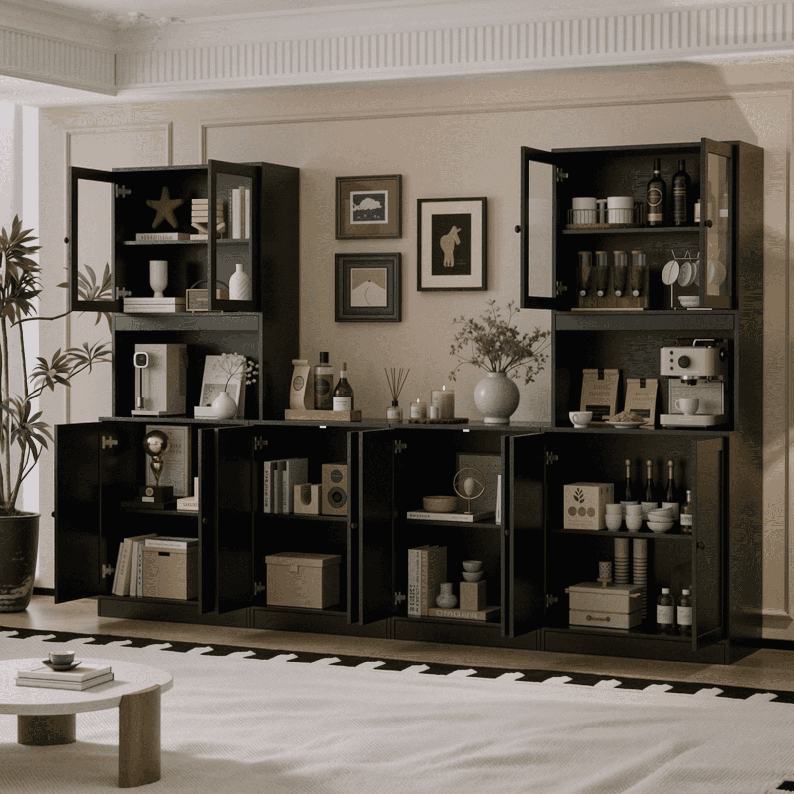 RichYa 4Pcs Kitchen Pantry Storage Cabinet Set,Modular Furniture Cabinets with Display Glass Doors,Hutch Buffet Cabinet with Shelves & Countertop for Dining Room,Black