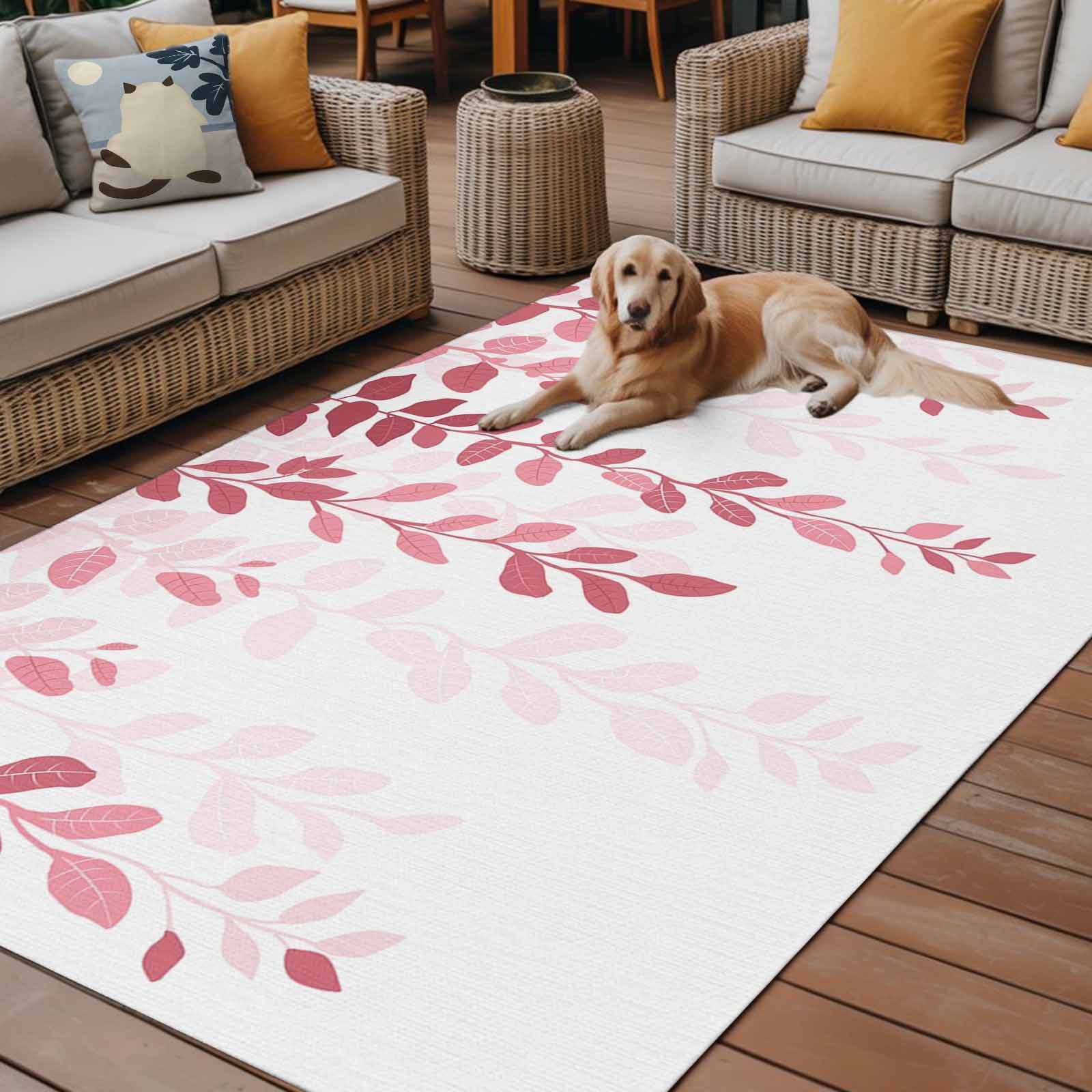 Outdoor Rug 5x8ft Pink Eucalyptus Floral Leaves Large Area Rug Nature Plant Branch Indoor Outdoor Carpet Outdoor Rugs Mats for Patio Camping,RV,Front Door, Outside Decor