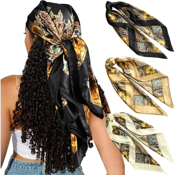 3pcs Square Satin Hair Scarf Bandanas, 35" Silk Head Scarf Lightweight Satin Hair Kerchief Sleeping Hair Wraps