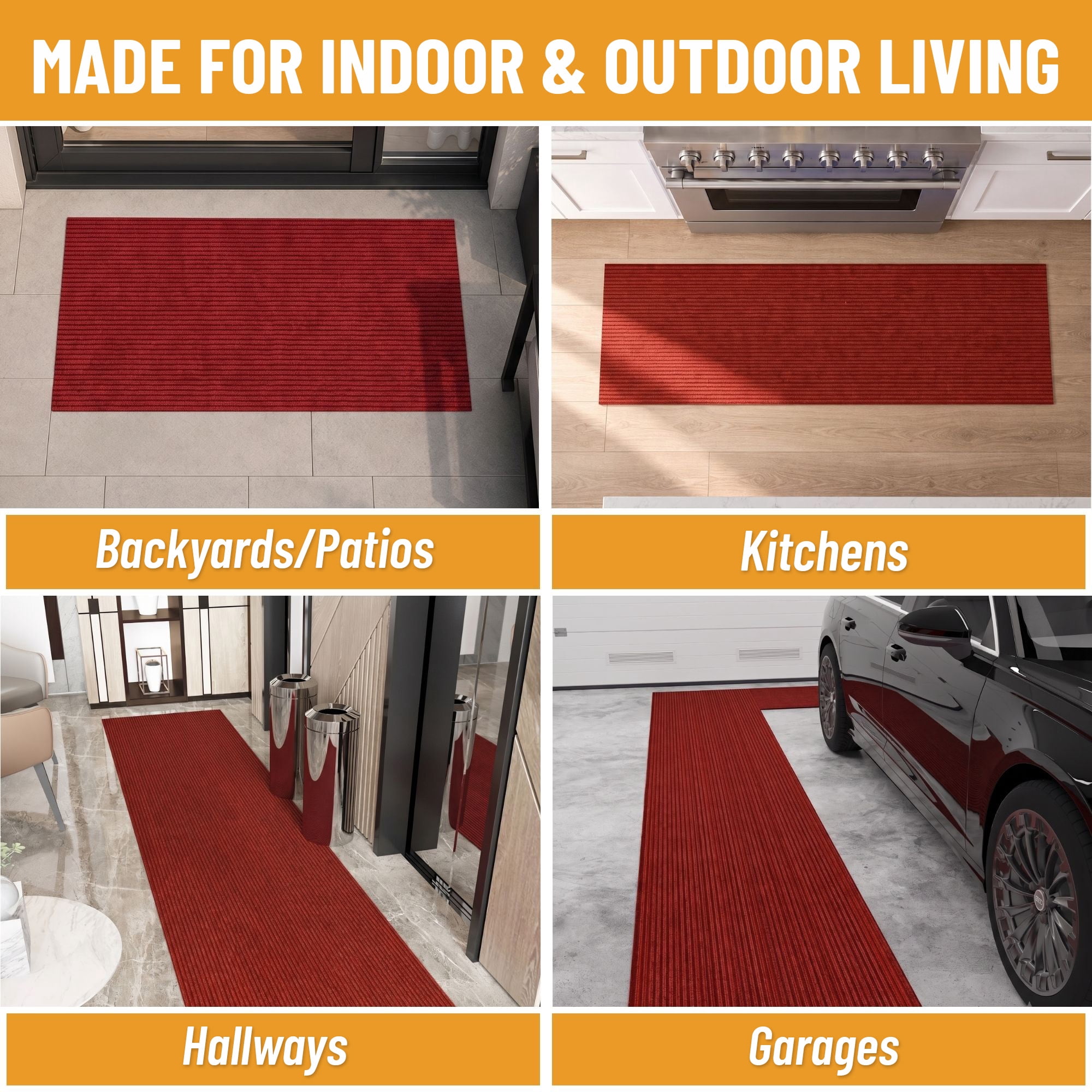 Ottomanson Non-Slip Hallway Runner Rug 6'6" x 50' Indoor/Outdoor Custom Size Utility Carpet for Garage, Red Ribbed