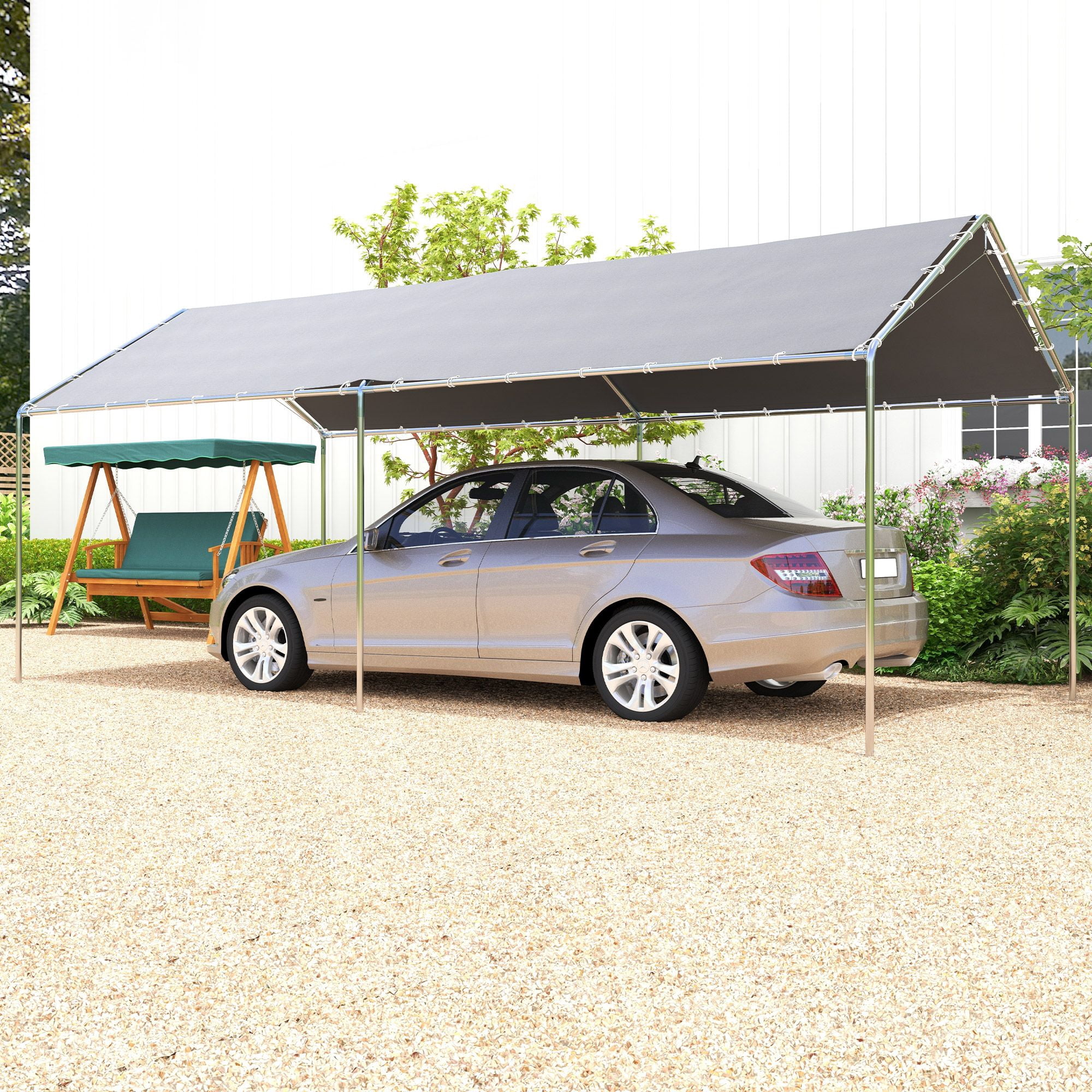 Outsunny 9.6' x 19.5' Carport Canopy, Heavy Duty Galvanized Steel Frame with PE Cloth, Weather Protection for Small to Medium Vehicles, Grey Outdoor Car Tent with Anchor Kit