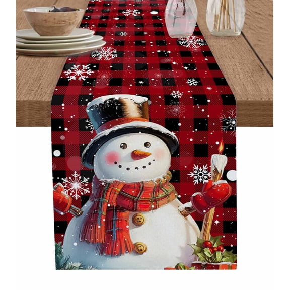Red Plaid Snowman Christmas Burlap-Cotton Table Runner 70 Inches Long,Berry Snowflake Xmas Farmhouse Table Runners,Outdoor Dining Tablecloths Decor for Baby Shower Party Wedding 13x70