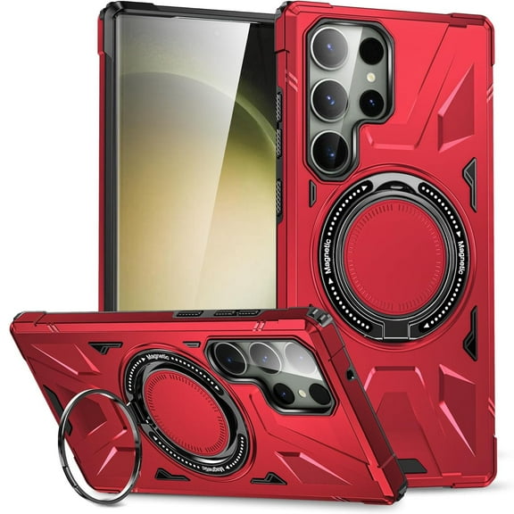 Military Grade TUFF Case with MagSafe Magnetic Rotating Ring Stand for Samsung Galaxy S24 Ultra - Red