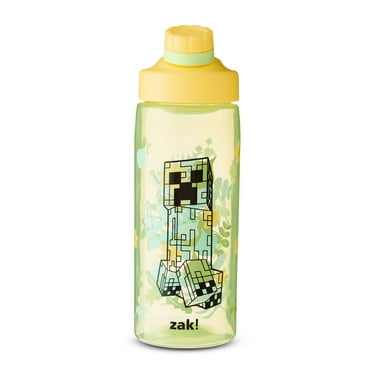 Zak Designs 25oz Minecraft Durable Plastic Sloan Kids Water Bottle with Built-in Carry Handle and Straw with Straw Cover when Folded Closed