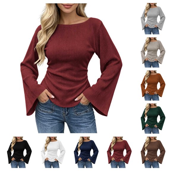 SAWOBUUN Womens Bell Long Sleeve Ribbed Knit Tops Boat Neck Y2k Going Out Tops Slim Fit Trendy Fall Winter Outfits