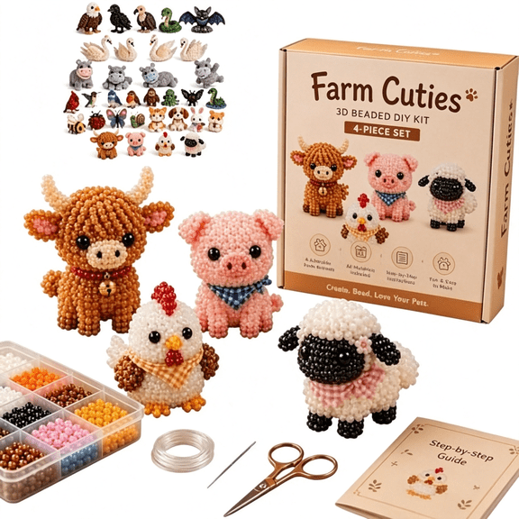 BZCOE Tiny 3D Beaded Animal Diy Kit,4-Piece Handmade Beading Craft Set for Beginners,Cute Bead Art Mini Desk Decor Gift Make It Mini Animals(Farm Cuties)