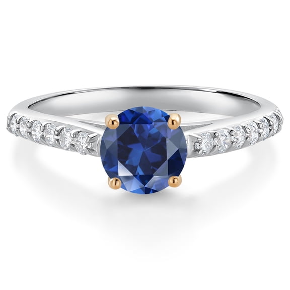 Gem Stone King 10K White Gold Blue Created Sapphire and White Lab Grown Diamond Engagement Ring for Women (1.18 Cttw, Round 6MM, Gemstone September Birthstone, Size 7)
