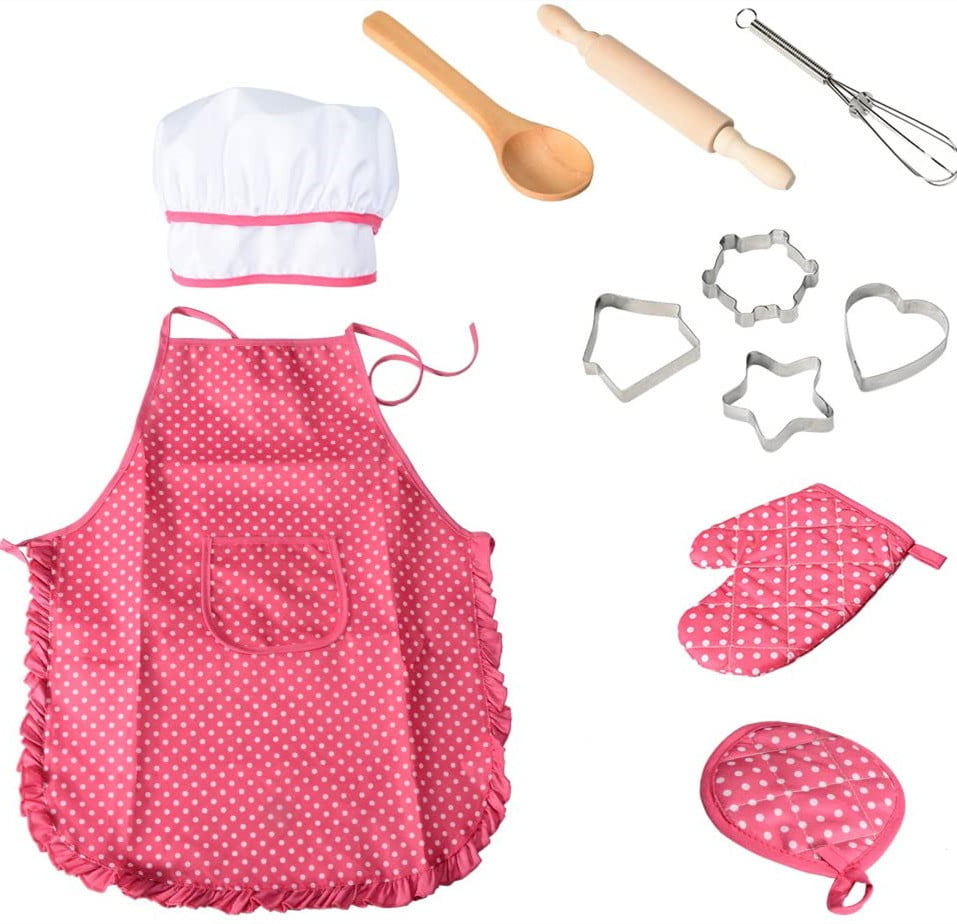 Apron 46 Pcs Toddler Cooking Baking Set with Chef Hat Chef Role Play Costume Set Utensils for Little Girls Kids Kitchen Play Toy Toddler Chef Dress up Age 3 4 5 6 up Oven Mitt 