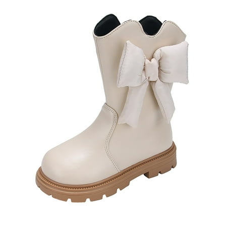 

Povozer Girls Shoes Warm Girls Boots Fashionable Bow Princess Mid Length Boots(Beige 6-7 Years)