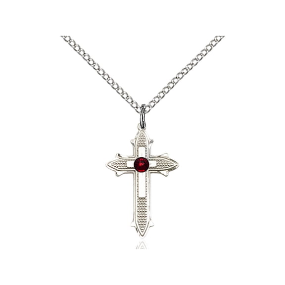 Sterling Silver Cross on Cross Pendant w/ 3mm January Red Swarovski Crystal 7/8 X 1/2 inches w/ 18 inch Curb Chain
