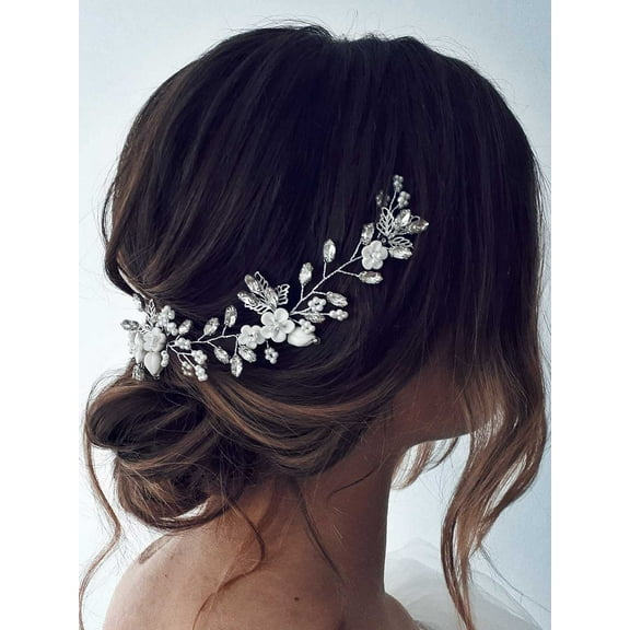 Flower Bride Wedding Hair Vine Silver Leaf Crystal Bridal Headpieces Pearl Hair Accessories for Women and Girls