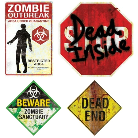 Magnetic Signs Halloween Decor Zombie Outbreak Beware Dead End 4 pc Set Props