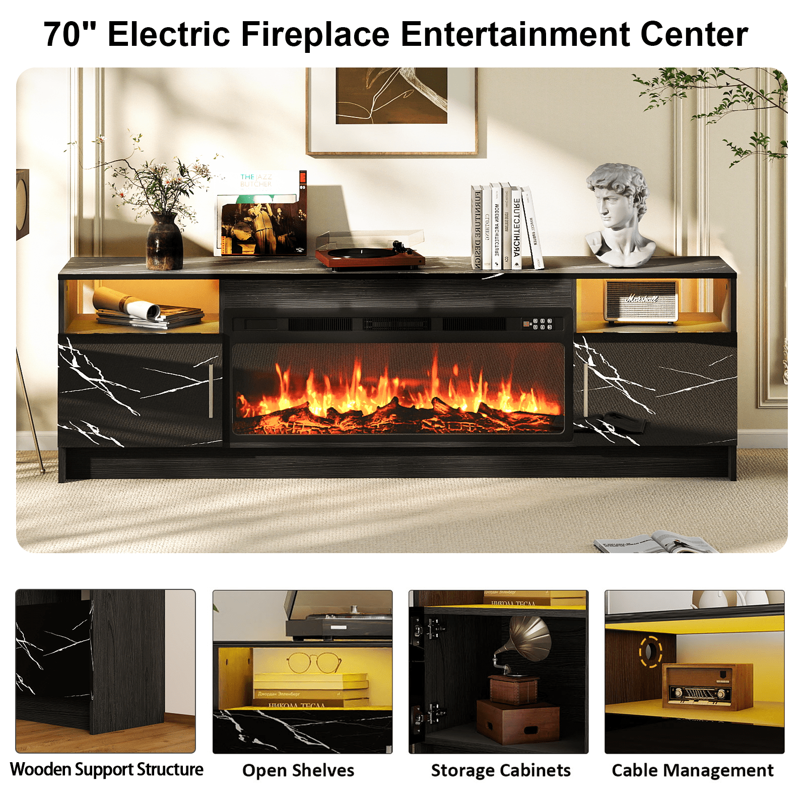 Rocyis 70” TV Stand with 3D Realistic Log Flame Electric Fireplace, Entertainment Center for TVs Up to 80-Inch, Modern TV Console with High Glossy Doors & LED Lights, Marble