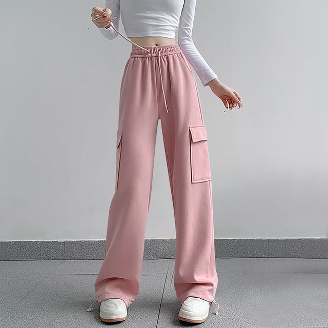 RXIRUCGD Women's Solid Color Velvet With Drawstring Wide Leg Workwear Pants, Pink, Size: L