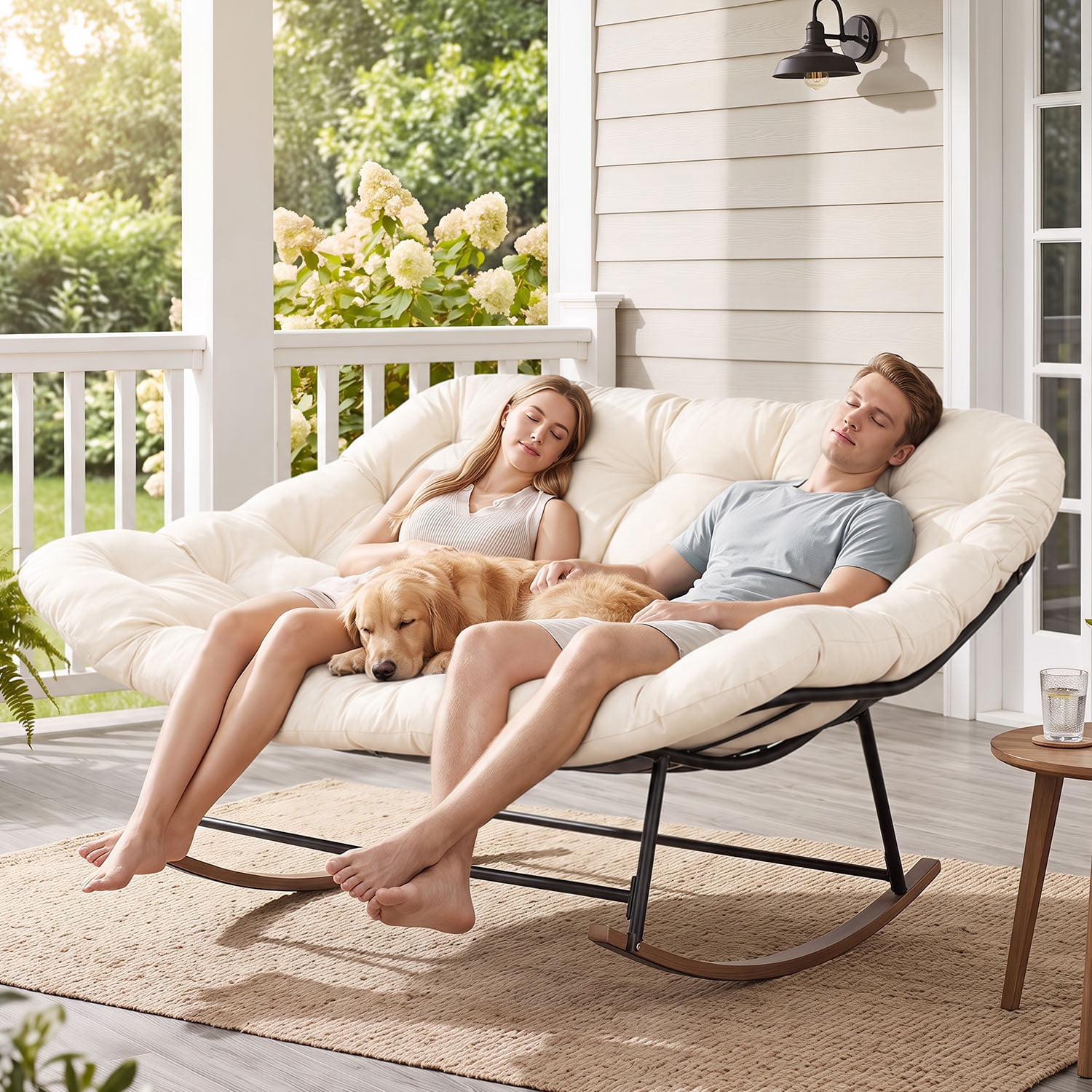 BaPiPro Oversized Double Papasan Rocking Chair with Thick Cushion, 2 Person Outdoor Rocking Loveseat, Heavy Duty Double Egg Chair with Wood Grain Base for Patio Porch, 440lbs Capacity, Off-White
