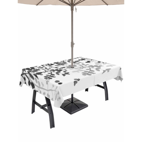 Outdoor Tablecloths with Umbrella Hole & Zipper, Black Leaves Tablecloth Rectangle 60x84 Inch, Summer Botanical Waterproof Table Cloth, Patio/Pool/Picnic Table Covers