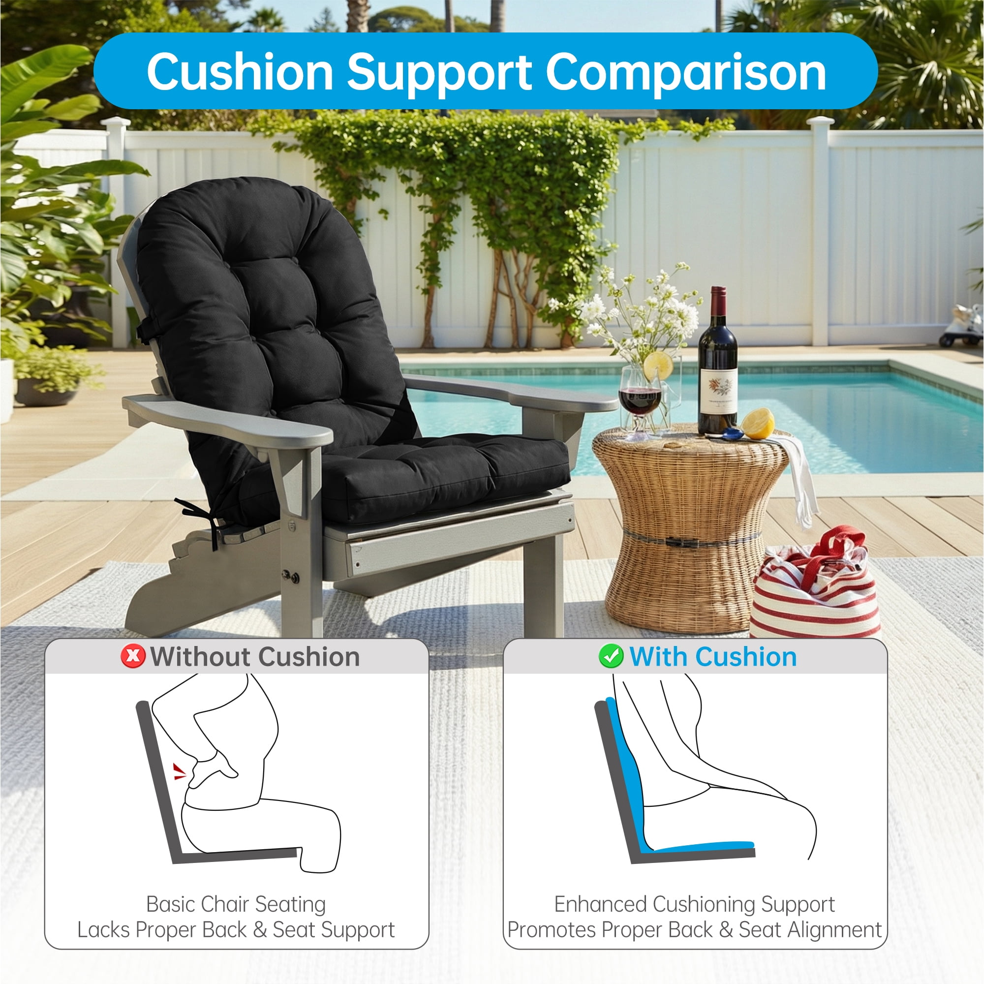 Millsilo Outdoor Rocking Chair Cushion 44" x 19" x 4", Summer Patio High Back Rocker Cushion, Water-Resistant, UV Fade-Resistant, Non-Slip Bottom, Black