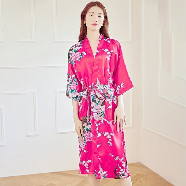 Camisón tipo cárdigan largo de verano para mujer, de seda helada, con estampado de pavo real, tipo kimono, de seda morera fina y mediana