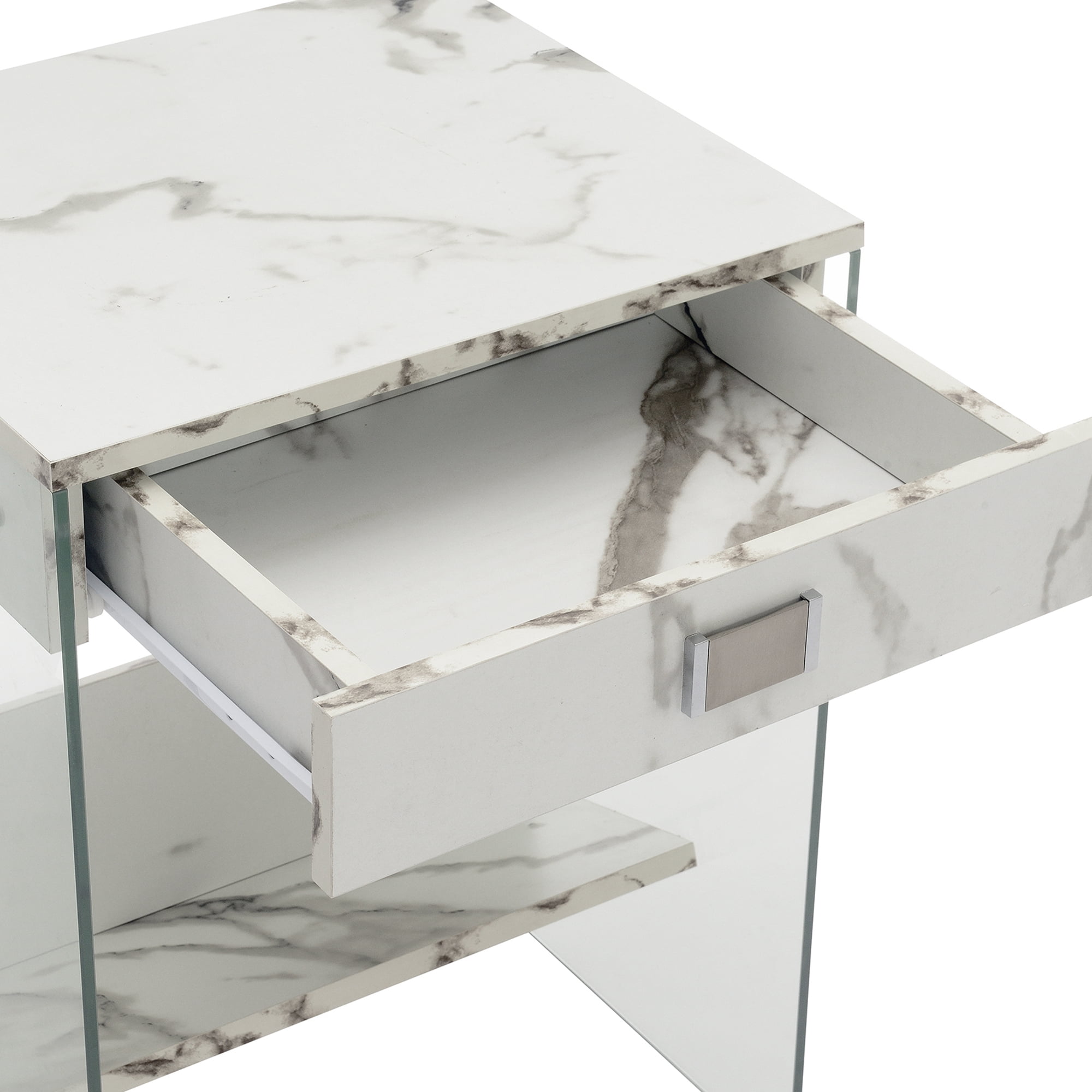 Convenience Concepts SoHo 1 Drawer End Table with Shelf, White Faux Marble