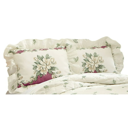 - Magnolia Garden Floral Ruffle Pillow Sham, Sham, Burgundy