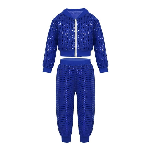 HXWCHs Women's Shiny Sequins Dance Set Full Zipper top and Harem Pants Street Jazz Performance Outfit M Blue