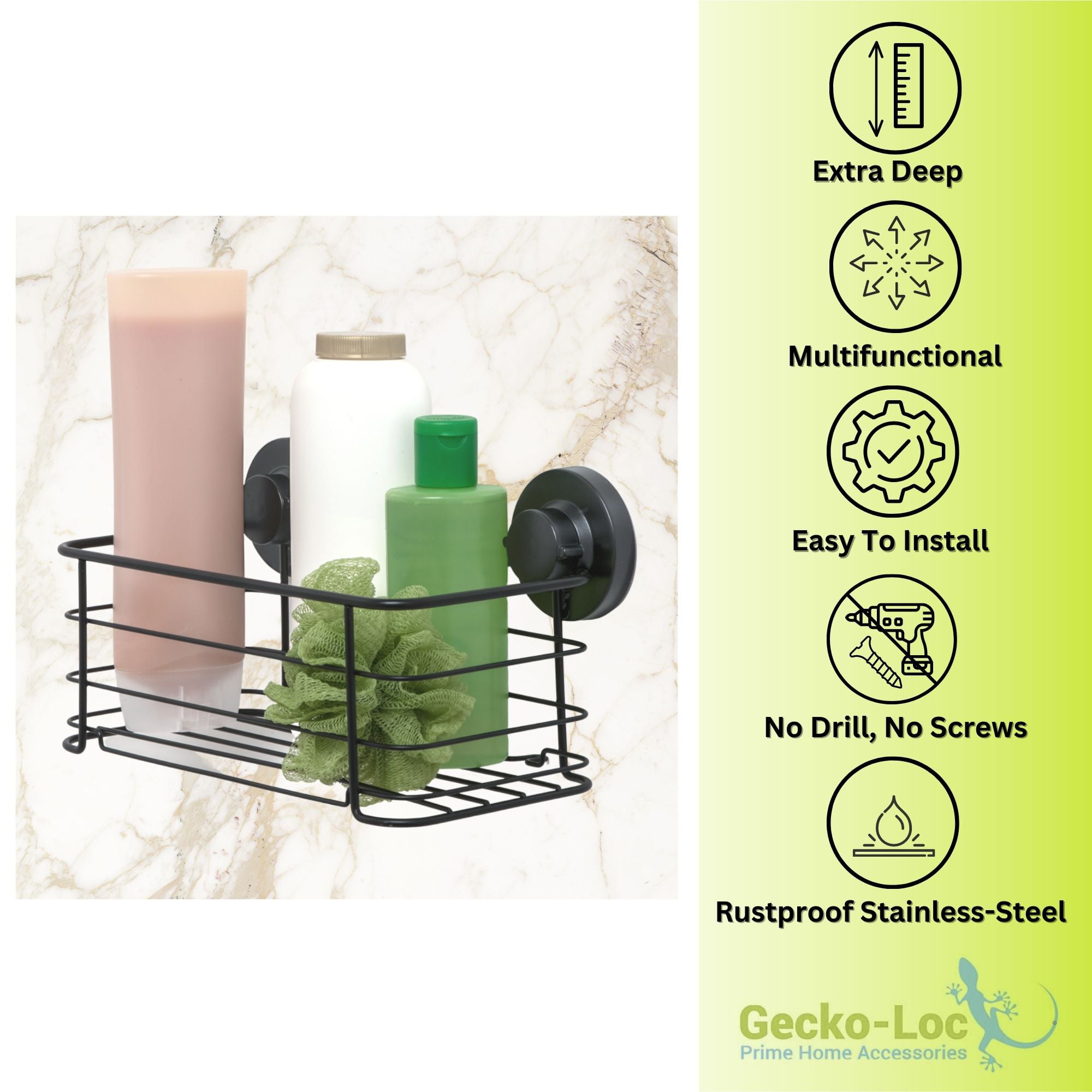 Gecko-Loc Large Deep suction cup hanging bathroom shower caddy - shampoo  storage basket shelf organizer rustproof stainless steel caddie bath  shelves