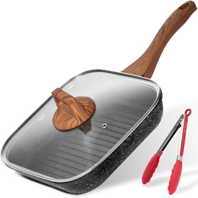 Nonstick Grill Pan with Lid for Indoor Cooking Versatile Induction Square Large Grilling Skillet Steak Pan for Stove Tops PTFE & PFOA