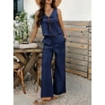 thumbnail image 6 of Womens 2 Piece Outfits V Neck Tie Waist Vest and Wide Leg Casual Pants Sets Navy Blue L, 6 of 9