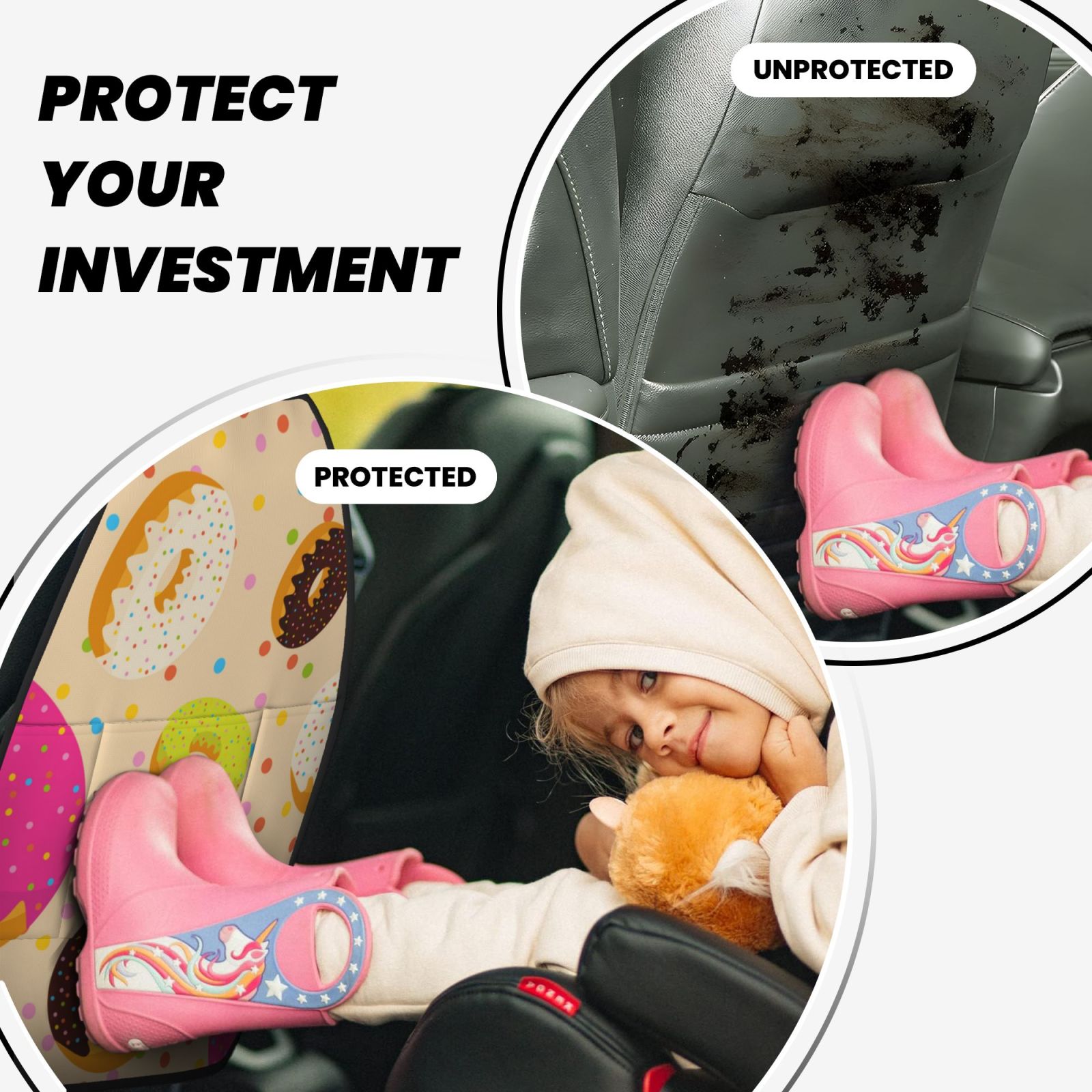 Xecao Donuts Pattern Car Seat Back Protector 2 Pack Large Capacity Pocket, Kick Mats Back Seat Protector