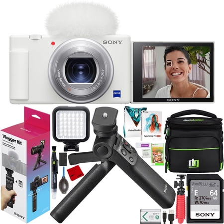 Sony ZV-1 Compact Digital 4K Camera Vlogger Creator s Kit ACCVC1 Includes GP-VPT2BT Shooting Grip with Wireless Remote Commander + 64GB Card DCZV1/W Bundle Deco Gear Case + LED Light and Accessories
