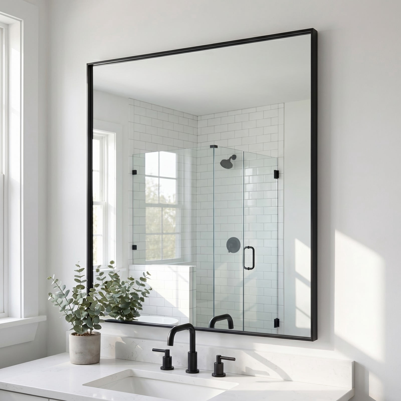 Gleamira 42"x42" Rectangular Bathroom Mirror Wall Mounted Mirror with Metal Frame, Black