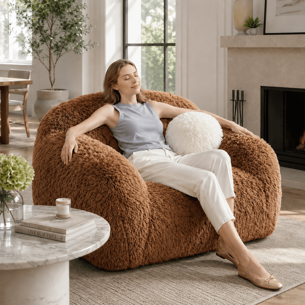 Aenkyo Oversized 360 Degree Swivel Accent Chair, Plush Faux Fur Barrel Sofa Chair, 25" Deep Seat, Camel Brown