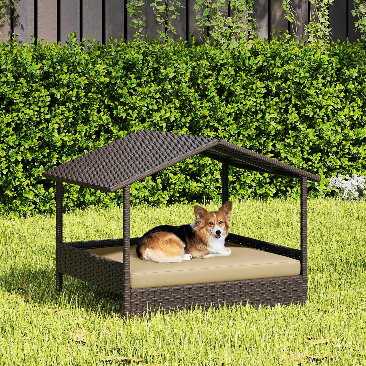Wicker Dog House Outdoor Indoor with Canopy, Elevated Dog Shelter Dog Bed with Cushion for Small/Medium Dogs, Shade for Deck, Patio, Yard, Pool Brown House, Khaki Cushion
