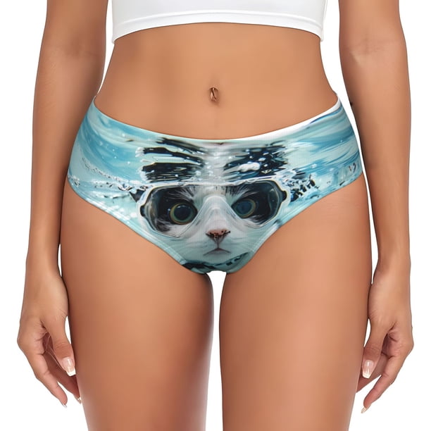 Balery Swimming Cat Goggles Ropa Interior de Algodón para Mujer con Dibujo – Braguitas Cómodas y Elásticas, Estilo Clásico-Large