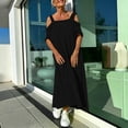 thumbnail image 6 of Women's Cold Shoulder Dresses Loose Square Neck Textured Midi Dress with Pockets Breathable Vacation Summer Dress Black 3XL, 6 of 8