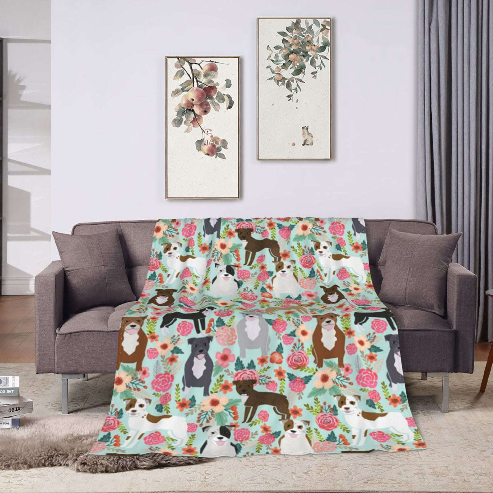 Wijzvio American Pit Bull Terrier Dogs Flower Floral Throw Blanket Soft Fuzzy Fleece Blanket For Couch Bed Living Room Decoration 60"X50"